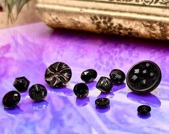 Antique Victorian Black Glass Buttons ca. 1830-1910s Mixed Lot of 11 (9 Dimunitive)