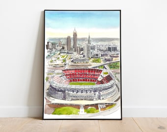 Puede incluir: Una pintura de acuarela de un estadio rojo con un horizonte de ciudad en el fondo. El estadio está rodeado de hierba verde y árboles. El horizonte de la ciudad está formado por edificios altos, incluido un rascacielos con una aguja.