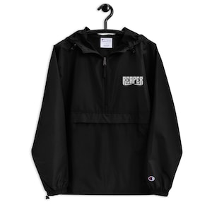 Reaper Embroidered Champion Packable Rave Jacket – Festival Outerwear, Dubstep Windbreaker, EDM Streetwear, Lightweight Travel Hoodie