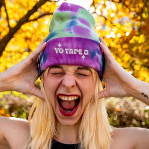 Yo Tape B Embroidered Tie-Dye Rave Beanie – Dubstep Festival Hat