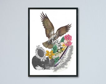 Digital Surreal Collage, Bird and Flowers Print, Printable Wall Art, Instant Digital Download