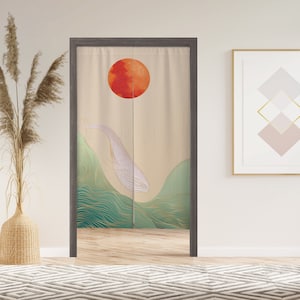 Whale and Red Moon Noren Door Curtain with Velcro/Grommet/Sleeve, Japanese Window Curtain for Kitchen, Window Treatments for Partition