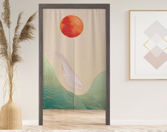 Rideau de porte Noren baleine et lune rouge avec velcro/œillets/manches, rideau de fenêtre japonais pour cuisine, parures de fenêtre pour séparation