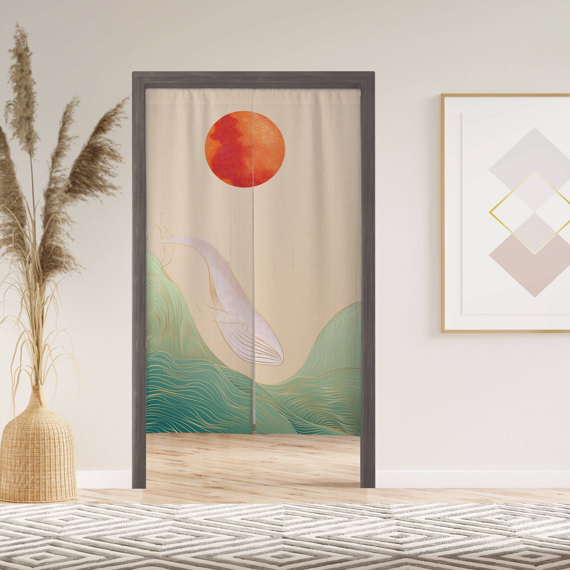 Whale and Red Moon Noren Door Curtain with Velcro/Grommet/Sleeve, Japanese Window Curtain for Kitchen, Window Treatments for Partition