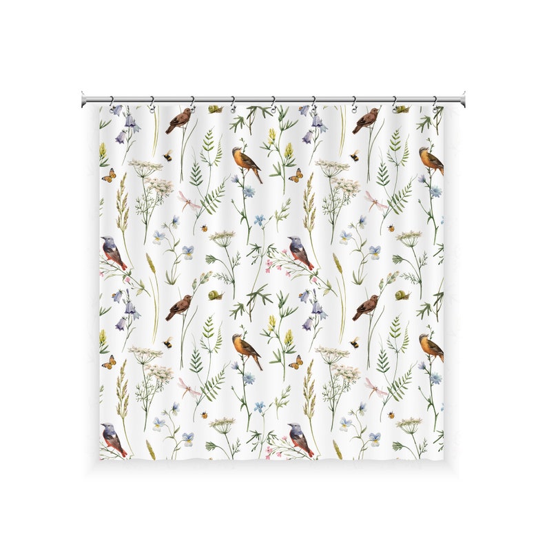 Flowers and Birds Shower Curtain with 12 Hooks, 100% Waterproof, Japanese Style Bathroom Decor, Housewarming Gift image 2