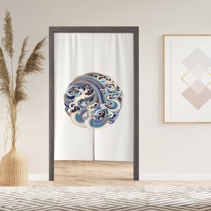 Japanese Wave Noren Door Window Curtain with Velcro/Grommet/Sleeve, Japanese Doorway Curtain for Kitchen, Window Treatments for Partition