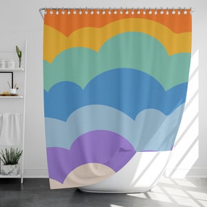 Rainbow Retro Style Shower Curtain with 12 Hooks, 100% Waterproof, Modern Bathroom Decor, Housewarming Gift