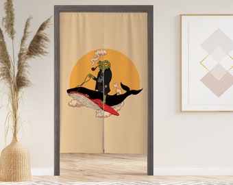 Frog Noren Door Curtain, Frog Riding a Whale Japanese Doorway Curtain, Whimsical Kitchen Divider, Custom Size Curtain