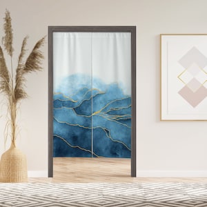 Blue Marble Noren Door Curtain with Velcro/Grommet/Sleeve, Japanese Window Curtain for Kitchen, Window Treatments for Partition