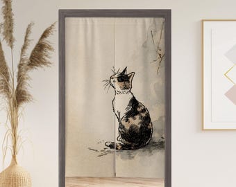 Cortina Noren con forma de gato adorable: esperando al dueño - Separador de arte japonés
