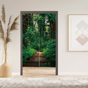Forest Path Pine Noren Door Window Curtain with Velcro/Grommet/Sleeve, Japanese Doorway Curtain for Kitchen, Window Treatments for Partition