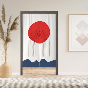 Japanese Mountain Noren Door Curtain with Velcro/Grommet/Sleeve, Japanese Window Curtain for Kitchen, Window Treatments for Partition
