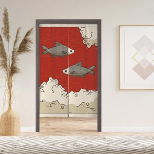 Japanese Koi Noren Door Curtain with Velcro/Grommet/Sleeve, Japanese Window Curtain for Kitchen, Window Treatments for Partition