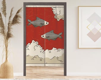 Japanese Koi Noren Door Curtain with Velcro/Grommet/Sleeve, Japanese Window Curtain for Kitchen, Window Treatments for Partition