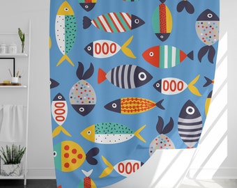 Kid Fish Shower Curtain with 12 Hooks, Christmas Gift, Home Decor, Housewarming Gift