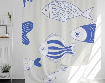 Cute Fish Shower Curtain with 12 Hooks, 100% Waterproof, Sea Bathroom Decor, Housewarming Gift