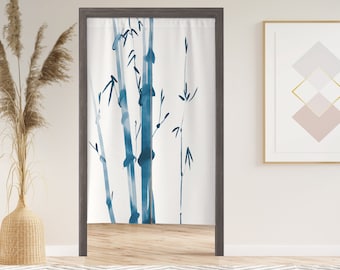 May include: A white room divider curtain with a blue bamboo design. The curtain is hanging from a dark gray wooden frame.