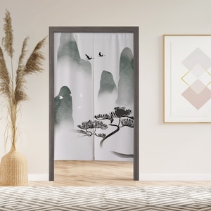 Landscape Noren Door Curtain with Velcro, Japanese Doorway Curtain for Kitchen Bathroom, Window Treatments for Partition Home Kitchen Decor