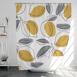 Lemon Line Art Shower Curtain with 12 Hooks, 100% Waterproof, Modern Bathroom Decor, Housewarming Gift