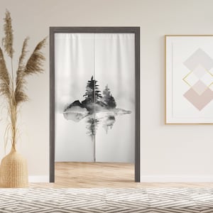 Ink Pagoda Noren Door Curtain with Velcro/Grommet/Sleeve, Japanese Window Curtain for Kitchen, Window Treatments for Partition