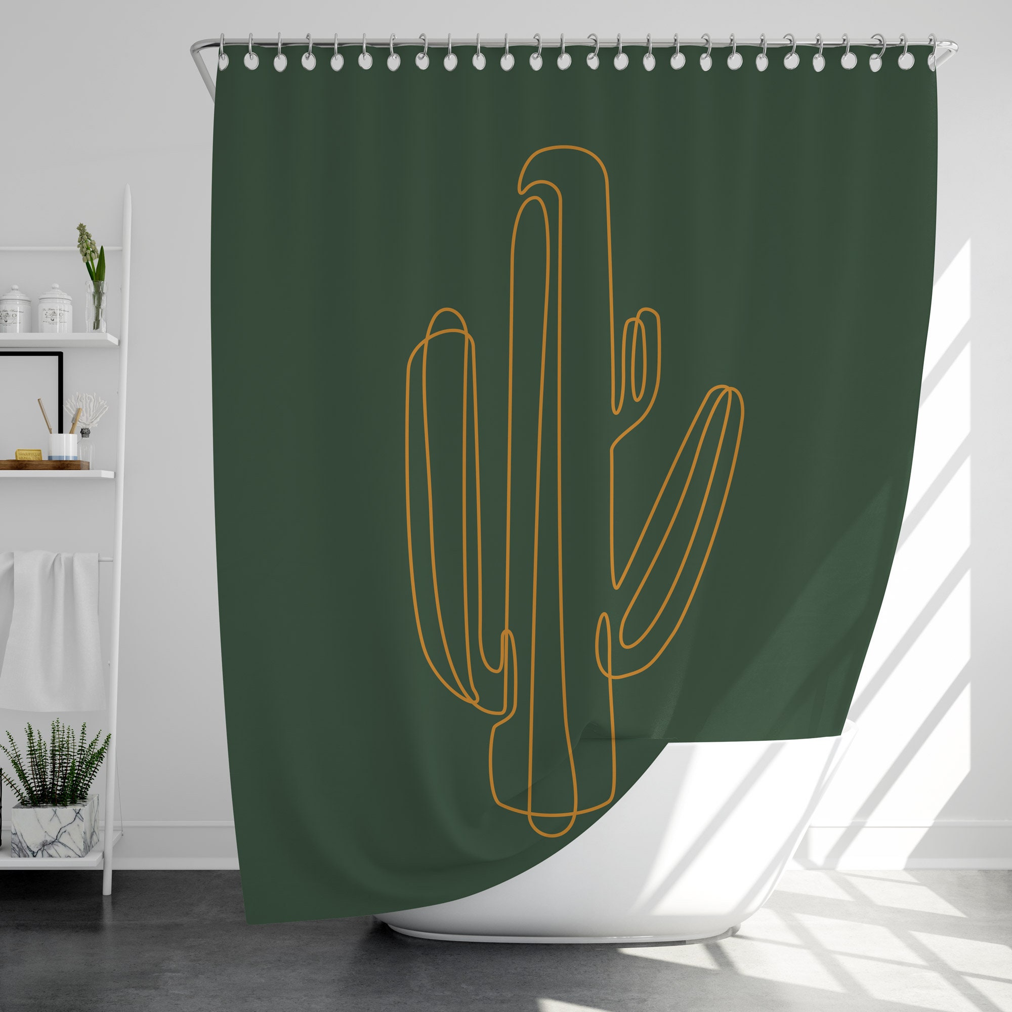 Minimalist Cactus Shower Curtain with 12 Hooks, 100% Waterproof, Modern Bathroom Decor, Housewarming Gift