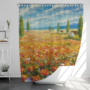 Oil Painting Style Shower Curtain with 12 Hooks, 100% Waterproof, Christmas Gift, Home Decor, Housewarming Gift