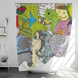 Douchegordijn grappig doodle met 12 haken, 100% waterdicht, modern badkamerdecor, housewarmingcadeau