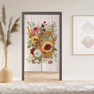 Autumn Flower Noren Door Curtain with Velcro/Grommet/Sleeve, Japanese Window Curtain for Kitchen, Window Treatments for Partition