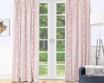 Pink Rose Stripe Window Curtains, Shabby Chic Vintage Floral Drapes for Bedroom Living Room, Romantic Cottagecore Country Style Custom Size