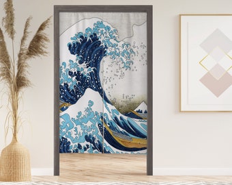 Japanese Wave Noren Door Curtain with Velcro/Grommet/Sleeve, Japanese Window Curtain for Kitchen, Window Treatments for Partition