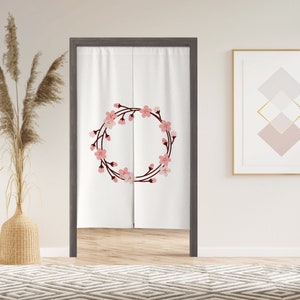 Sakura Wreath Noren Door Window Curtain with Velcro/Grommet/Sleeve, Japanese Doorway Curtain for Kitchen, Window Treatments for Partition