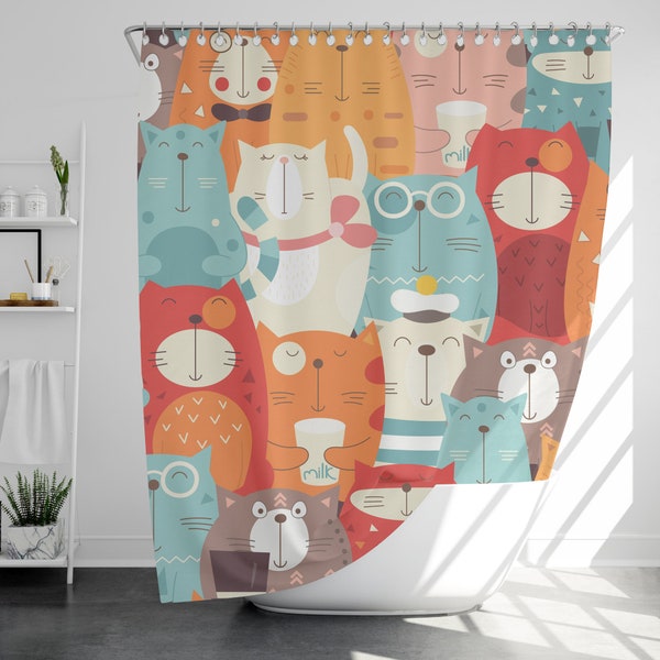 Cute Cat Shower Curtain with 12 Hooks, 100% Waterproof, Japanese Style Bathroom Decor, Housewarming Gift