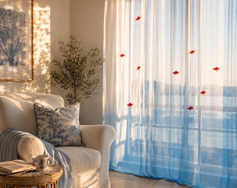 Ocean Goldfish Curtain Set, Blue Gradient Sheer Curtains, Coastal Window Decor, Hanging Fish Ornament, Beach House Curtain, Custom Size