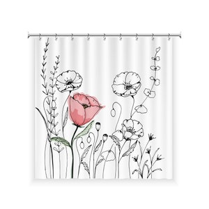 Flower Line Art Shower Curtain with 12 Hooks, 100% Waterproof, Modern Bathroom Decor, Housewarming Gift image 2