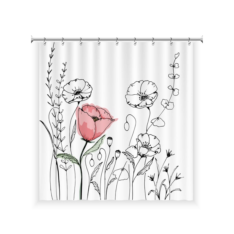 Flower Line Art Shower Curtain with 12 Hooks, 100% Waterproof, Modern Bathroom Decor, Housewarming Gift image 2