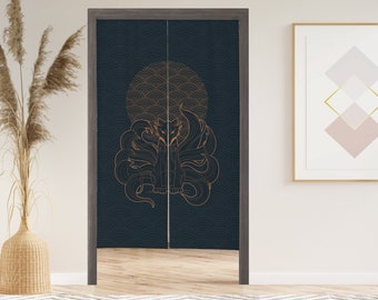 Nine Tailed Fox Noren Door Curtain with Velcro/Grommet/Sleeve, Japanese Window Curtain for Kitchen, Window Treatments for Partition