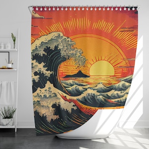 Janpanese Wave Art Shower Curtain with 12 Hooks, 100% Waterproof, Japanese Style Bathroom Decor, Housewarming Gift