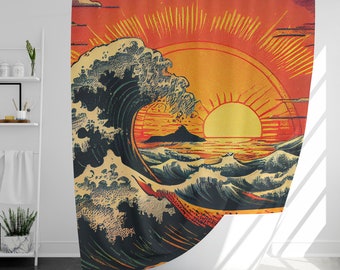 Rideau de douche Janpanese Wave Art avec 12 crochets, 100 % étanche, décor de salle de bain de style japonais, cadeau de pendaison de crémaillère