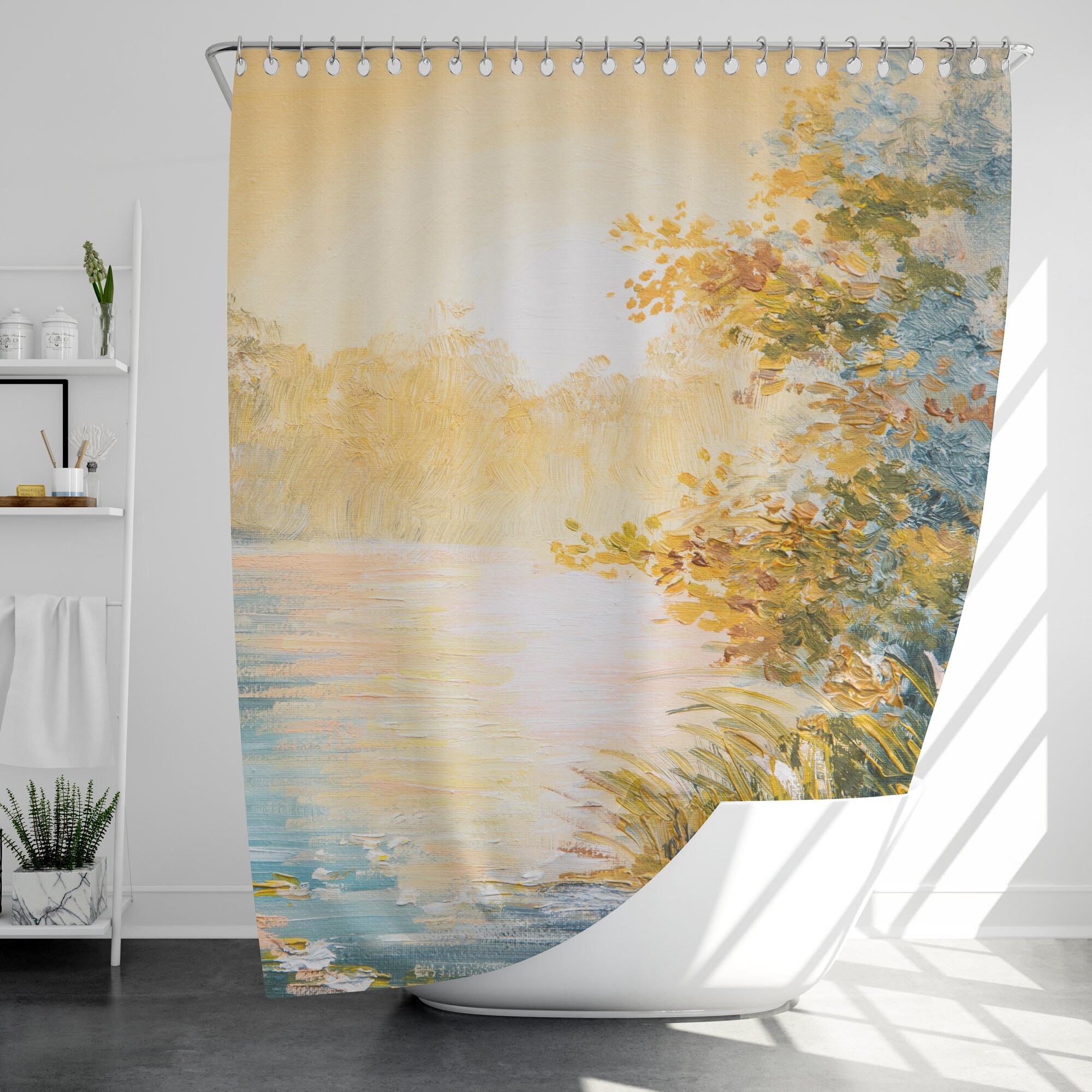 Oil Painting Lake View Shower Curtain With 12 Hooks 100% - Etsy