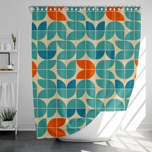 Geometric Art Shower Curtain with 12 Hooks, 100% Waterproof, Japanese Style Bathroom Decor, Housewarming Gift