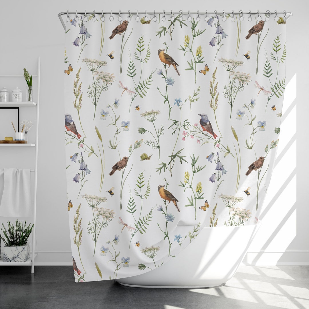 Country Flowers PEVA Waterproof Shower Curtain With Hooks – Multi-Colored Floral Bathroom Set