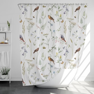 Flowers and Birds Shower Curtain with 12 Hooks, 100% Waterproof, Japanese Style Bathroom Decor, Housewarming Gift