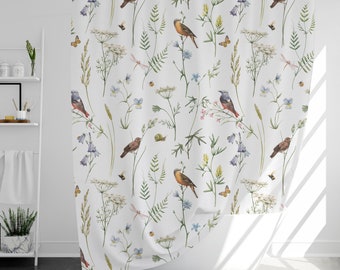 Cortina de ducha de flores y pájaros con 12 ganchos, 100% impermeable, decoración de baño de estilo japonés, regalo de inauguración de la casa