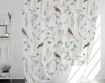 Flowers and Birds Shower Curtain with 12 Hooks, 100% Waterproof, Japanese Style Bathroom Decor, Housewarming Gift