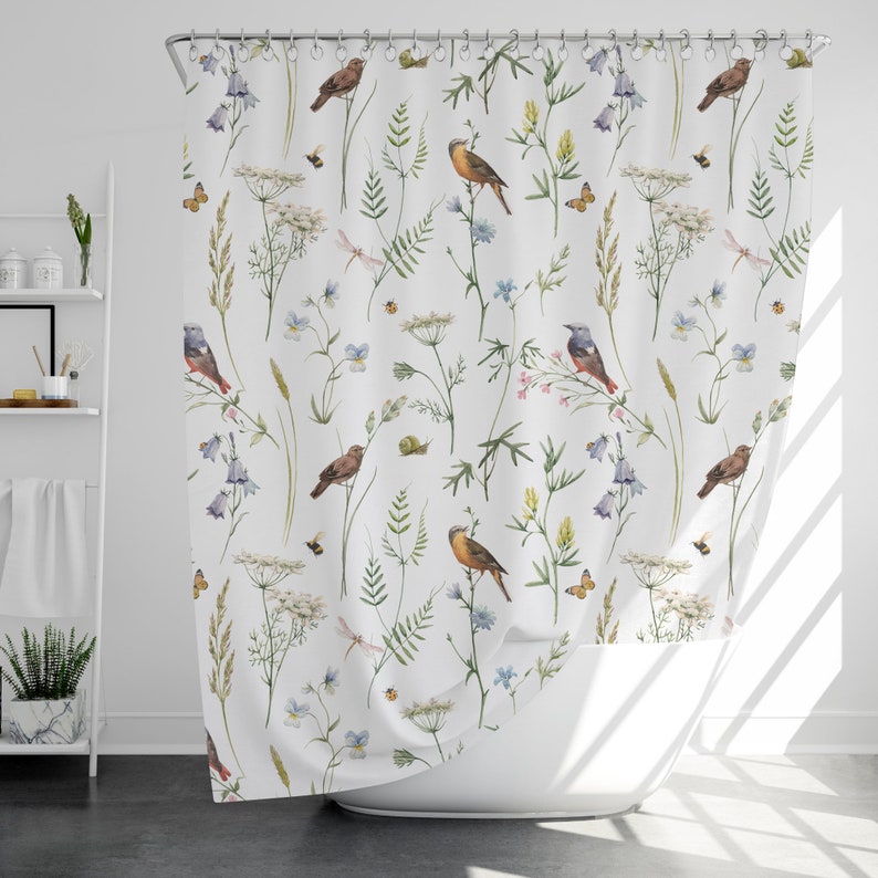 Blumen und Vögel Duschvorhang mit 12 Haken, 100% wasserdicht, japanischer Stil Badezimmer Dekor, Einweihungsgeschenk Bild 1