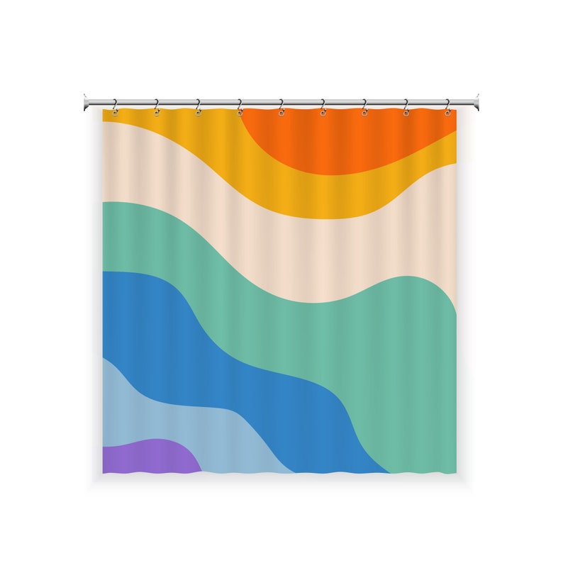 Rainbow Retro Style Shower Curtain With 12 Hooks 100 Etsy