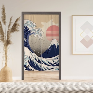 Rideau de porte Noren ondulé japonais avec velcro/œillets/manches, rideau de fenêtre japonais pour cuisine, parures de fenêtre pour séparation