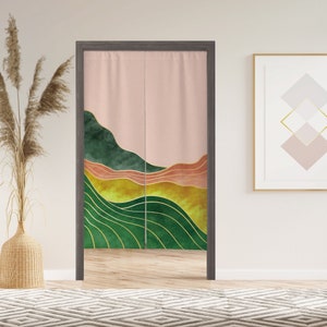 Green Gilt Mountain Noren Door Curtain with Velcro/Grommet/Sleeve, Japanese Window Curtain for Kitchen, Window Treatments for Partition