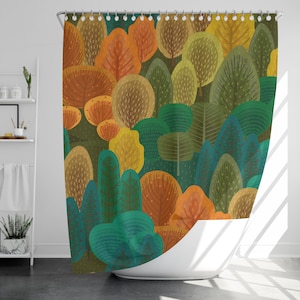 Colorful Forest Shower Curtain with 12 Hooks, 100% Waterproof, Modern Bathroom Decor, Housewarming Gift