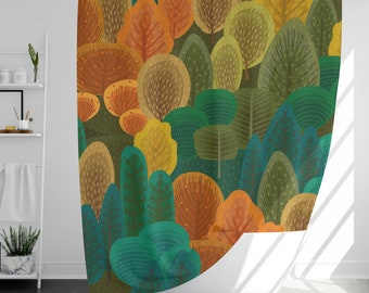 Rideau de douche forêt colorée avec 12 crochets, 100 % étanche, décor de salle de bain moderne, cadeau de pendaison de crémaillère